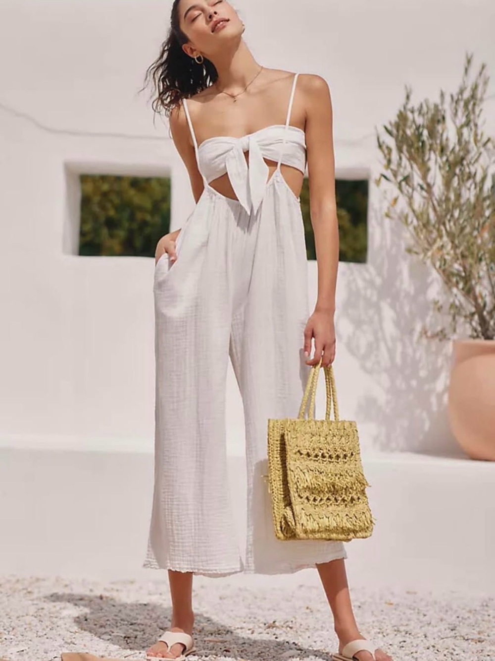 Anthropologie White Tie-Front Wide-Leg Cutout Jumpsuit
